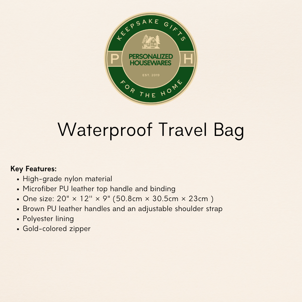 Stylish Personalized Travel Bag, Custom Waterproof Nylon Duffle, Durable Carry-On with Leather Handles, Weekend Adventure Gear