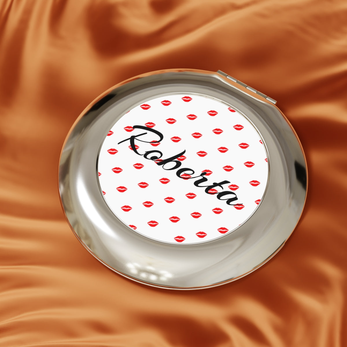 Personalized Compact Mirror with Kiss Pattern, Custom Travel Makeup Mirror, Cute and Shiny, Metal Finish, Gift for Her