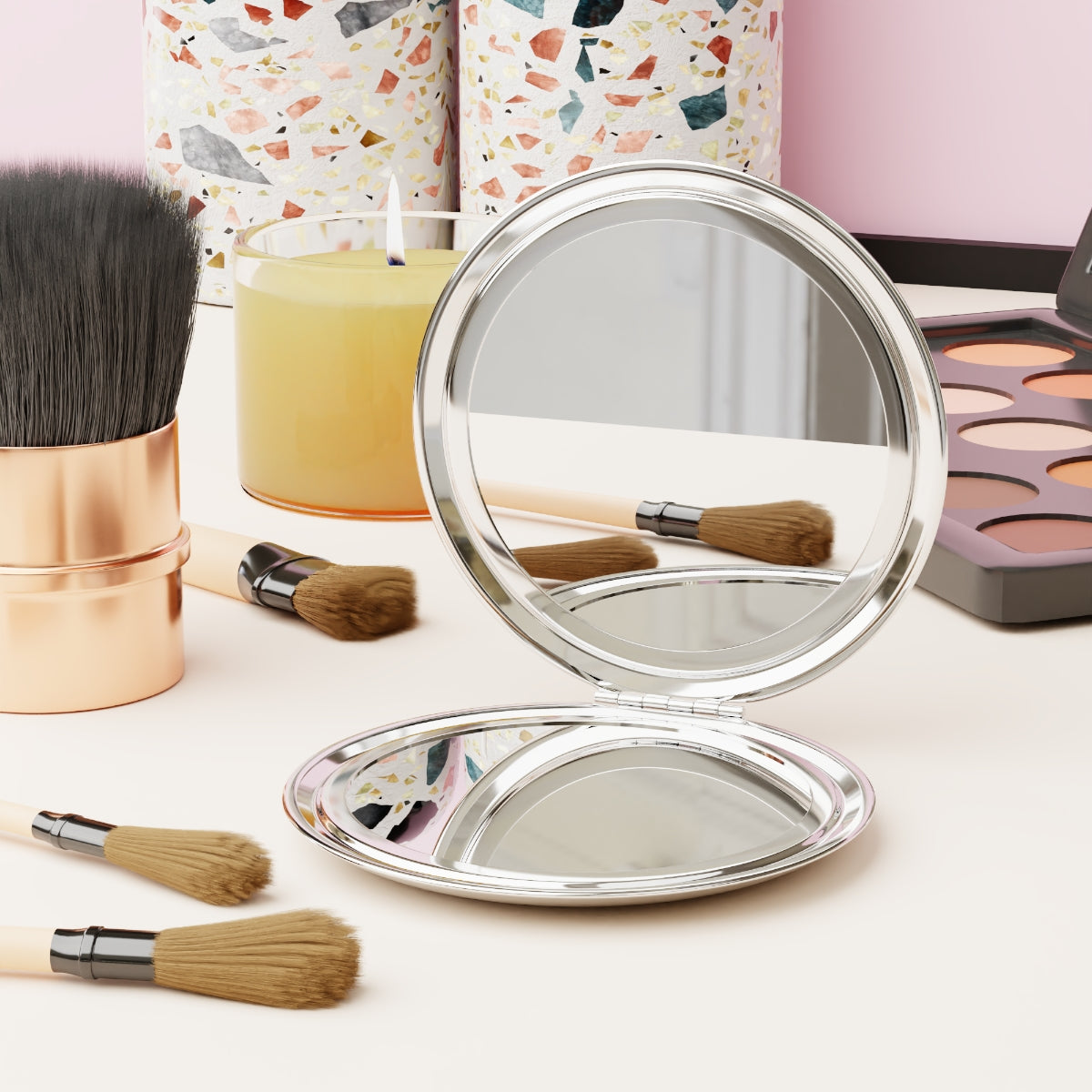 Personalized Compact Mirror with Kiss Pattern, Custom Travel Makeup Mirror, Cute and Shiny, Metal Finish, Gift for Her