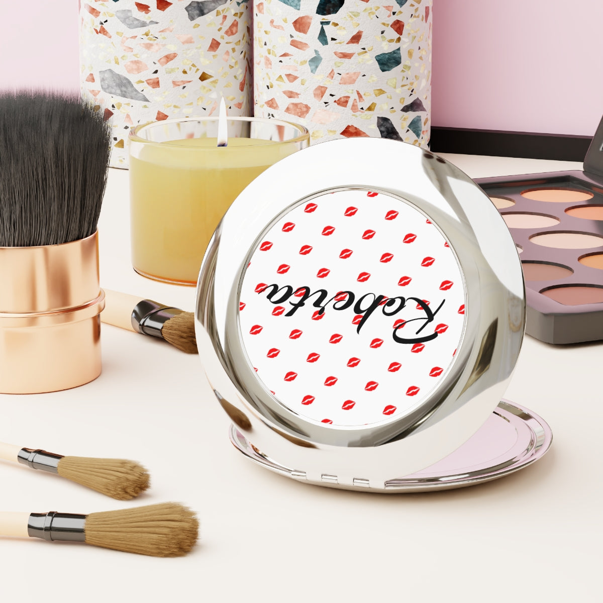 Personalized Compact Mirror with Kiss Pattern, Custom Travel Makeup Mirror, Cute and Shiny, Metal Finish, Gift for Her