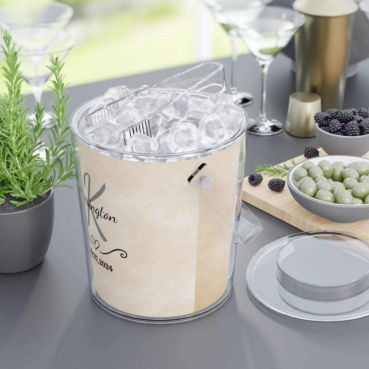 Personalized Ice Bucket with Tongs - Name and Date