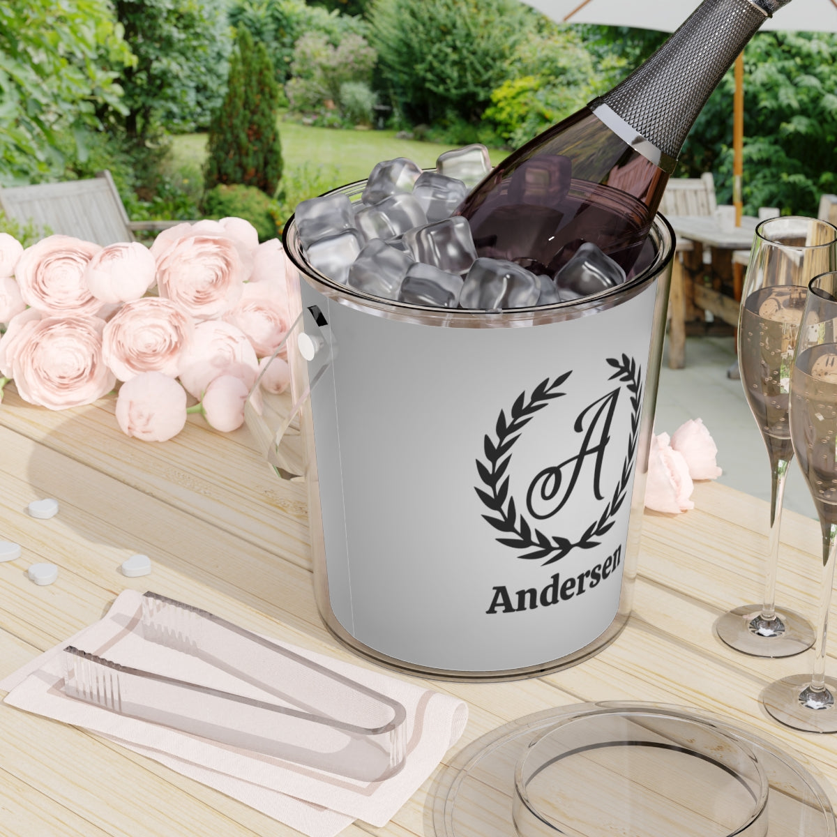 Personalized Ice Bucket with Tongs Wheat Initial With Name