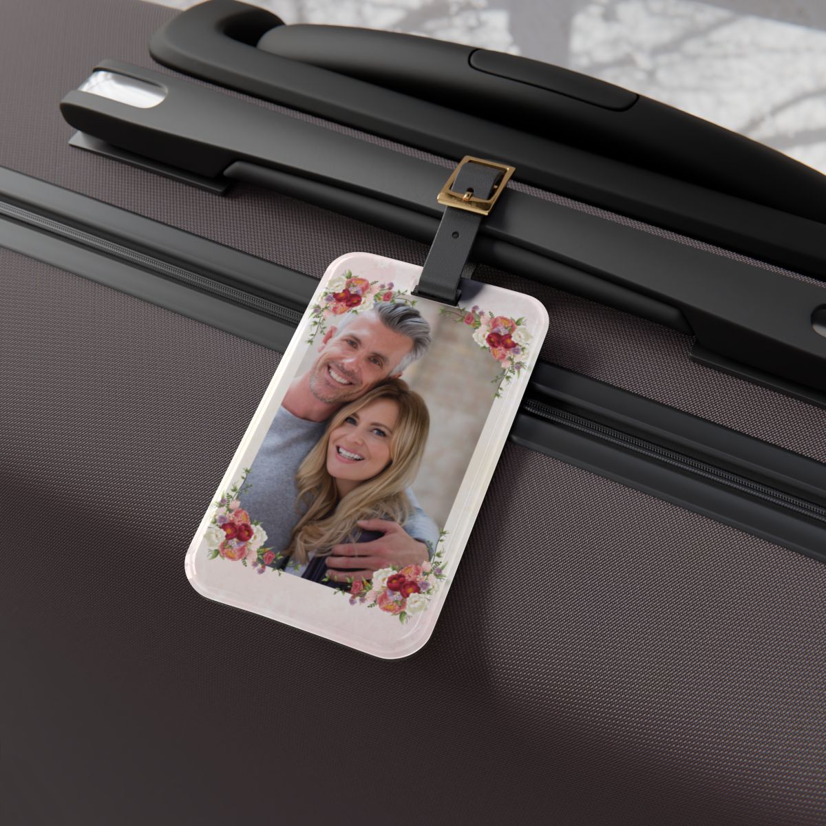 Acrylic Luggage Tag with Floral Frame, Personalized Travel Tag, Custom Photo Tag, Business Card Holder, Elegant Gift for Travelers