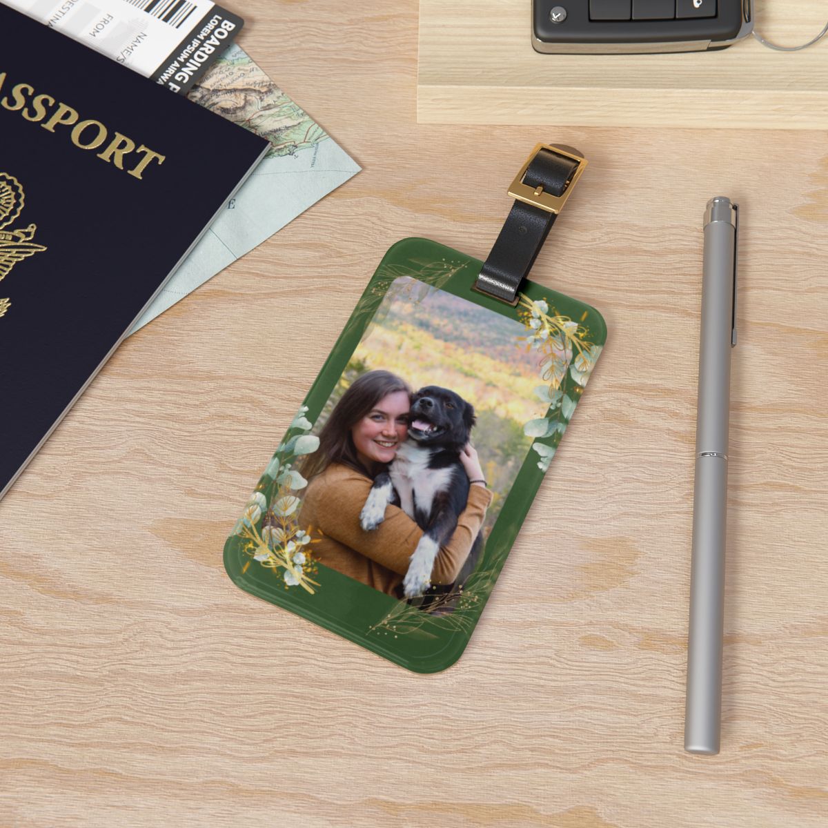 Acrylic Luggage Tag with Floral Frame, Personalized Travel Tag, Custom Photo Tag, Business Card Holder, Elegant Gift for Travelers