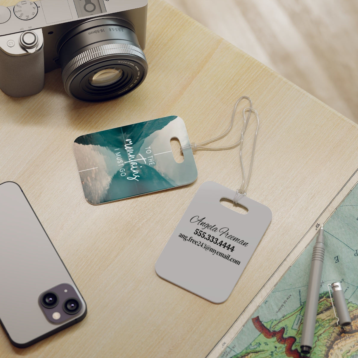 Mountain Travel Luggage Tag, Glossy Plastic Bag Tag, Double-Sided Print, Adventure Gift, Customizable Tags, Hiking Inspiration