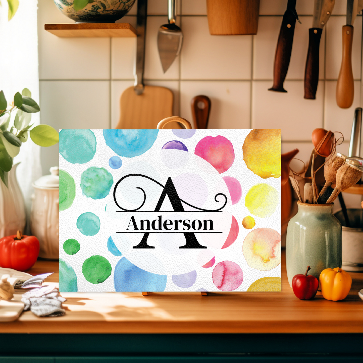 Personalized Textured Glass Cutting Board Polka Dot