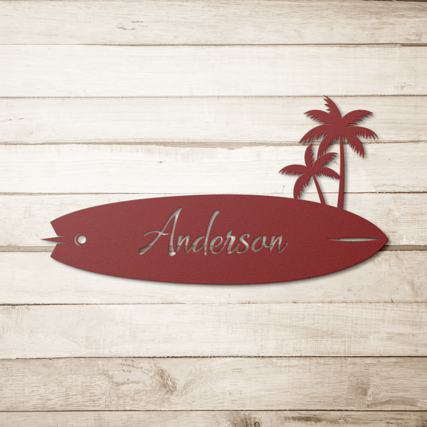 Personalized Surfboard with Palm Trees Die-Cut Metal Wall Art Sign