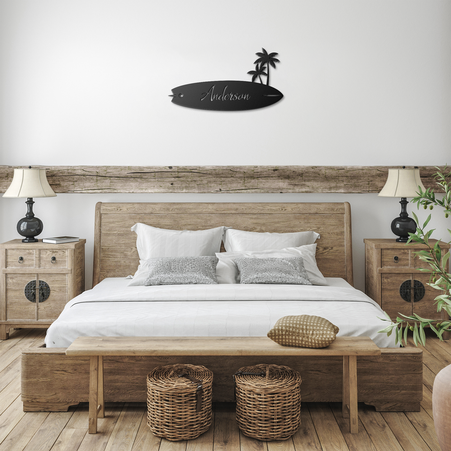 Personalized Surfboard with Palm Trees Die-Cut Metal Wall Art Sign