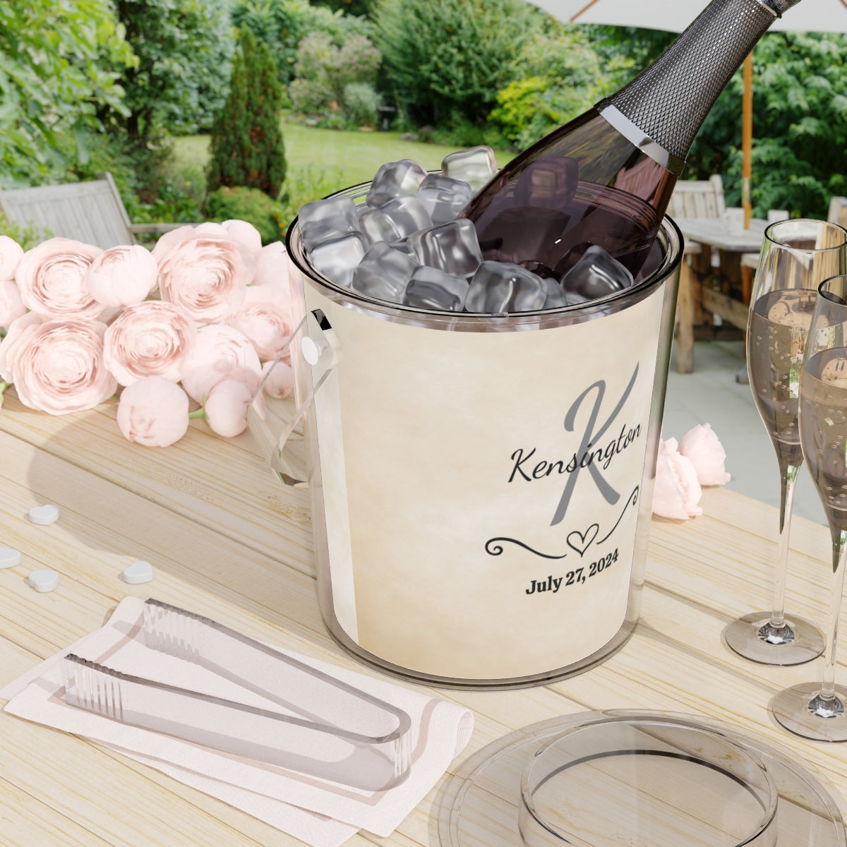 Personalized Ice Bucket with Tongs - Name and Date