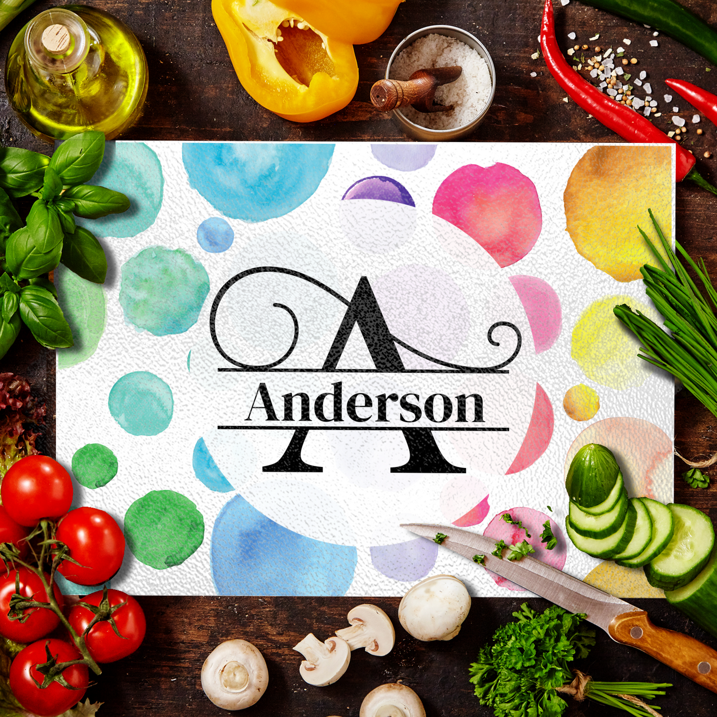 Personalized Textured Glass Cutting Board Polka Dot