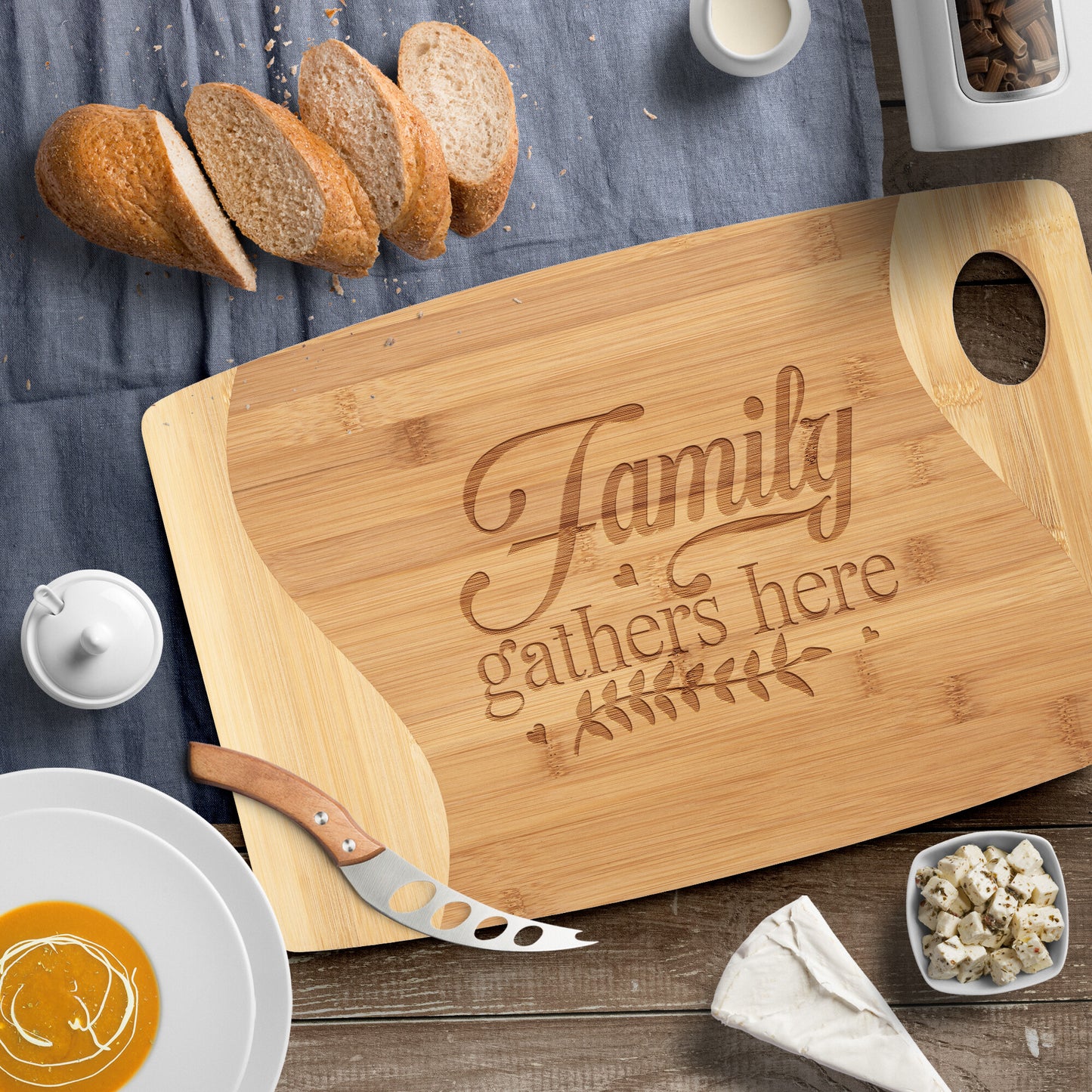 Family Gathers Here Bamboo Cutting Board